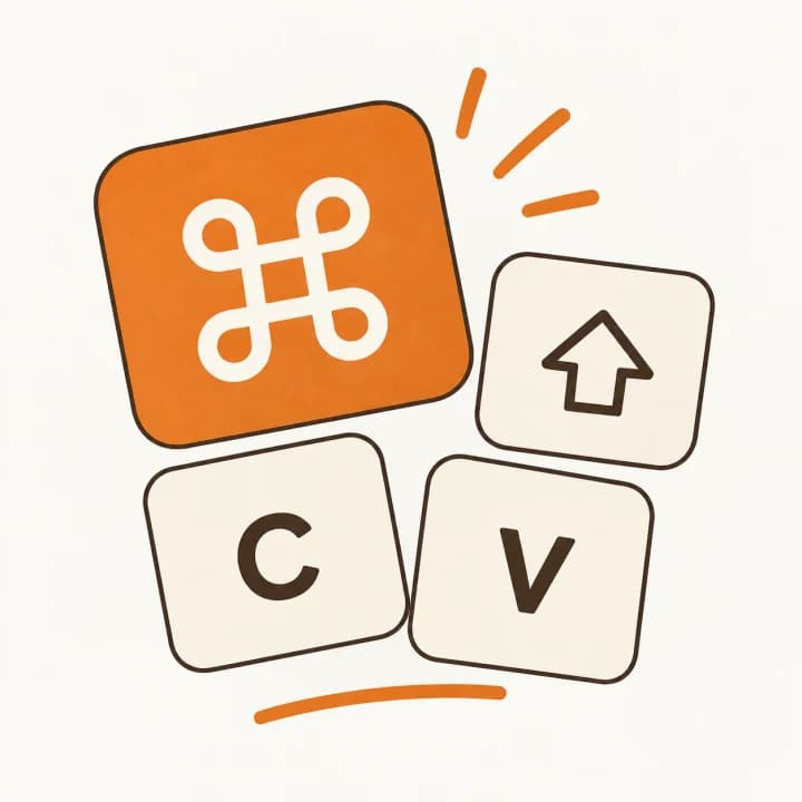 Flat illustrated Command, Shift, C, and V keyboard keys