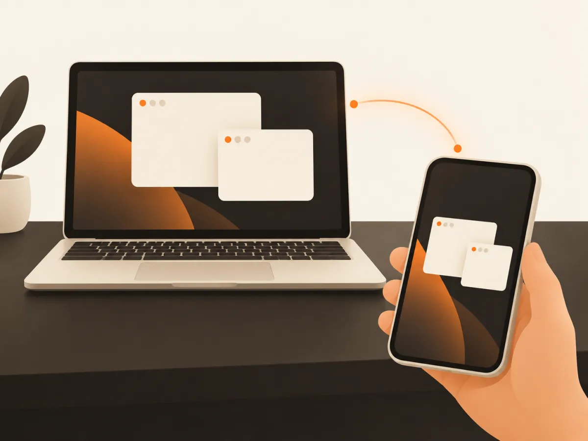 A phone in a hand showing the same desktop as the Mac on the desk